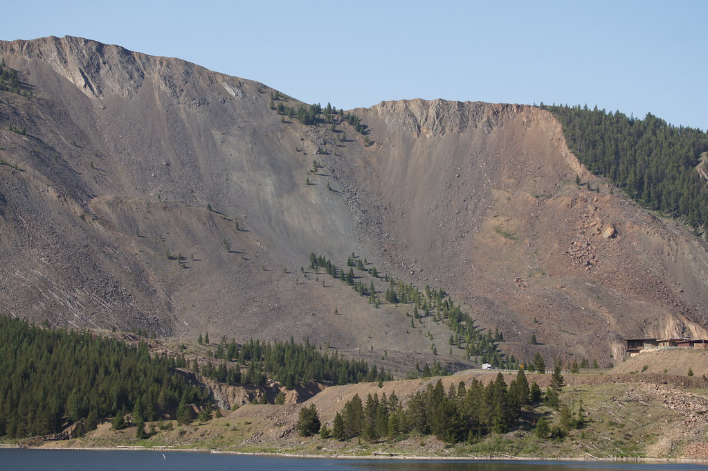 Photograph of the Hebgen Lake Landslide, which resulted in a hill devoid of trees.