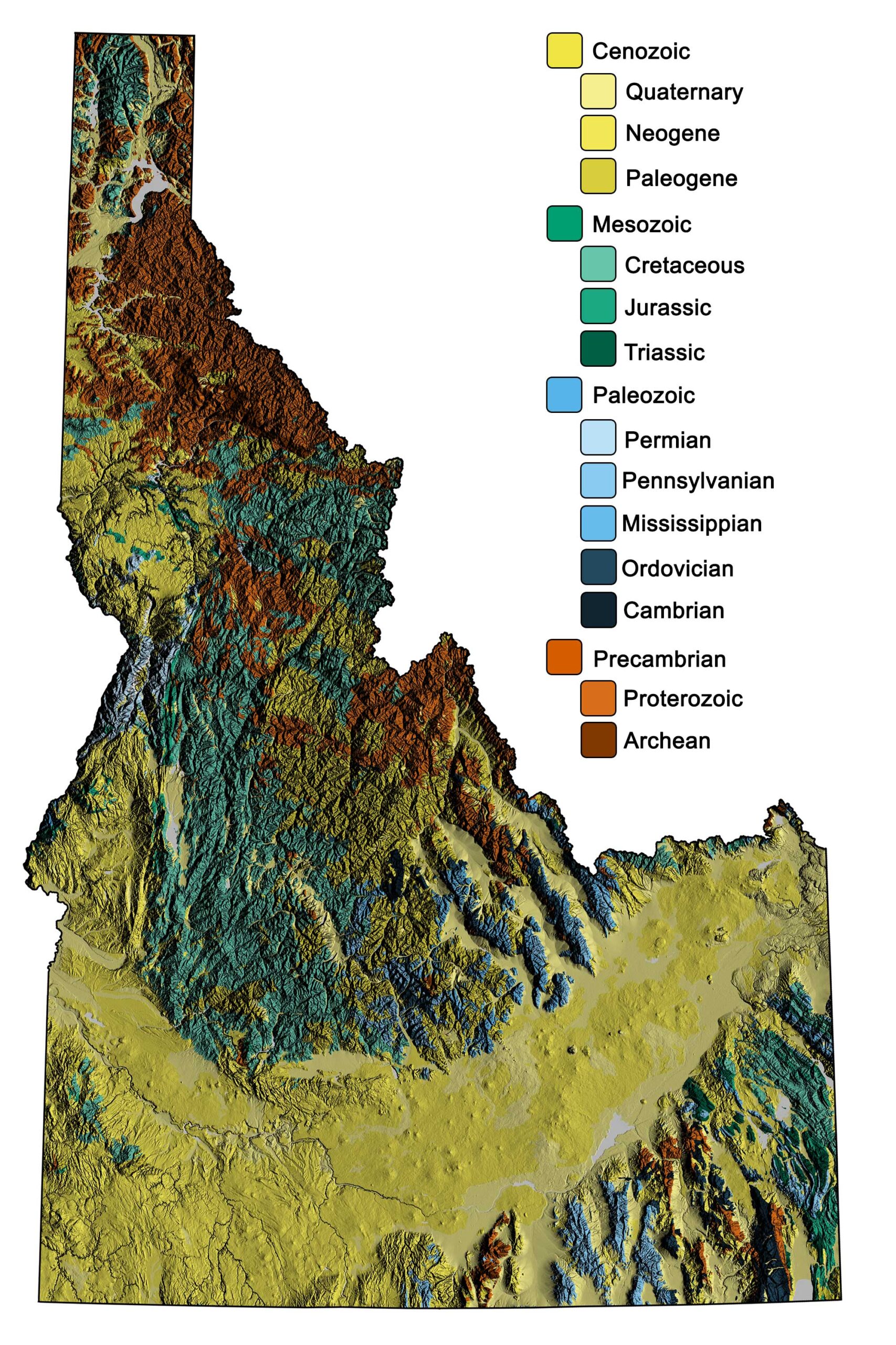 Combined geologic and topographic map of Idaho.