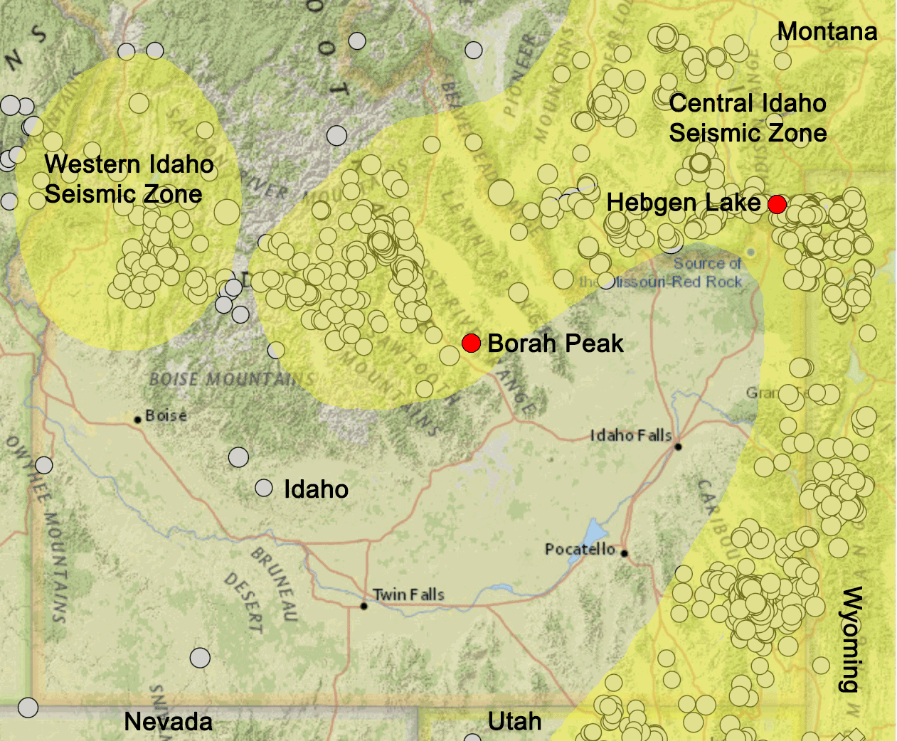 Map of southern Idaho showing the positions of the Western Idaho Seismic Zone, the Central Idaho Seismic Zone, Borah Peak, Hebgen Lake, and locations of M2.5+ earthquake epicenters between 2000 and 2020.