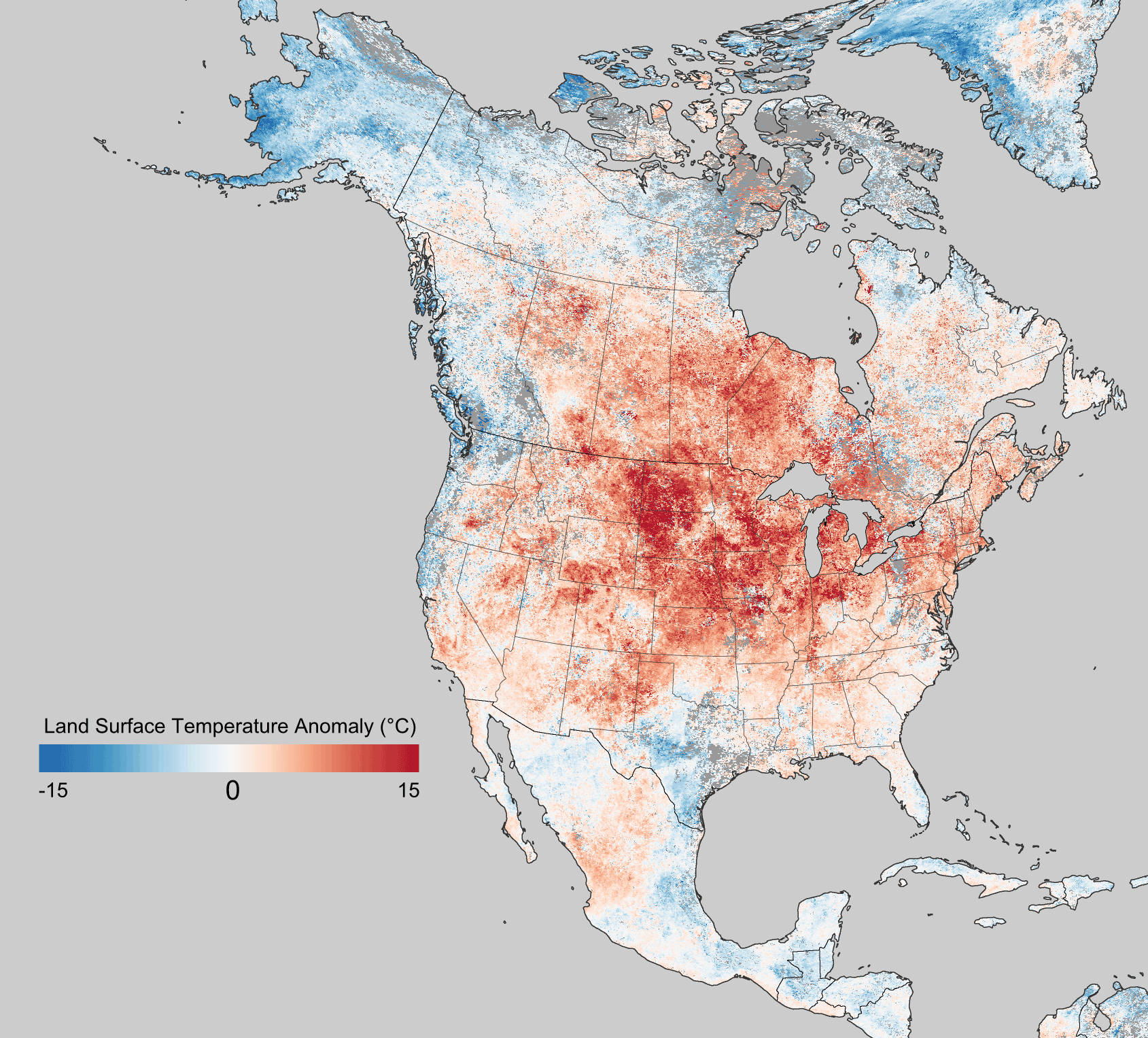 Map of North America showing land surface temperature anomalies in March 2011. They were especially above average in the Dakotas, Nebraska, and upper Midwest.