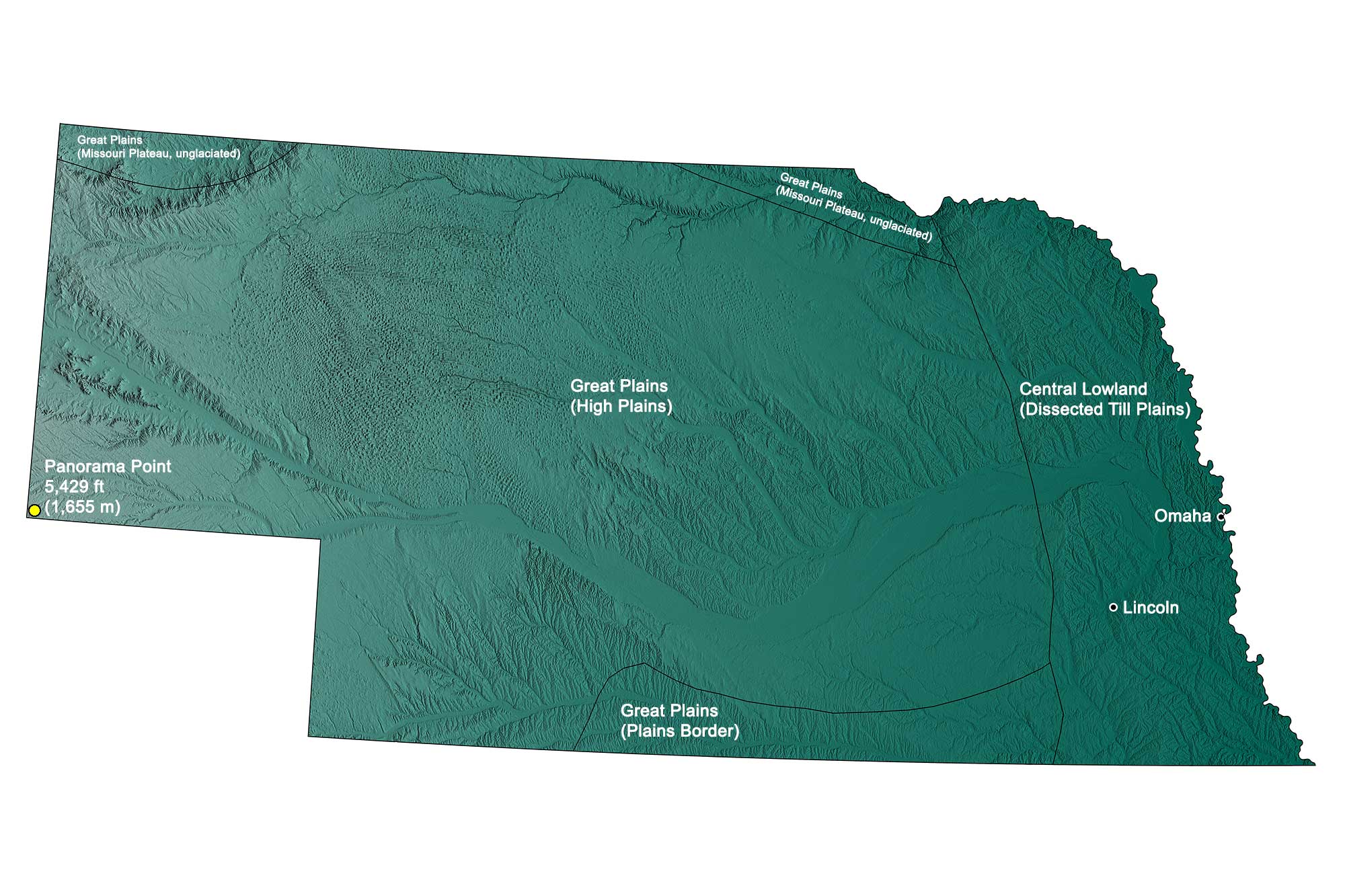 Topographic map of Nebraska.