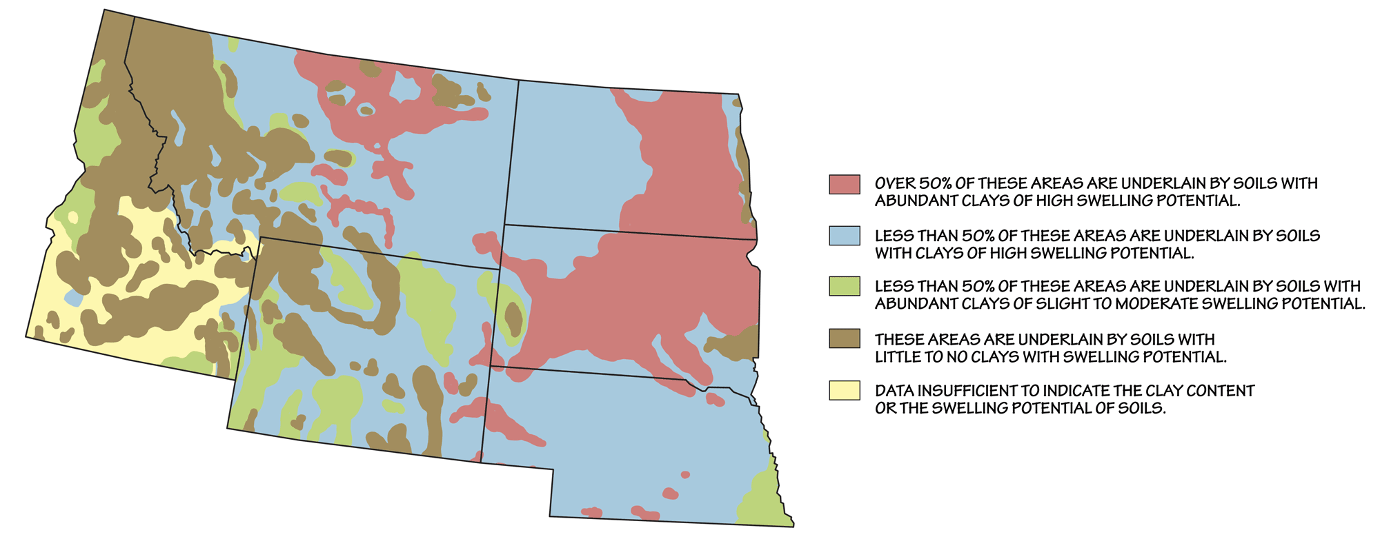 Map of the Northwest Central United States showing the distribution of expansive soils in the region.