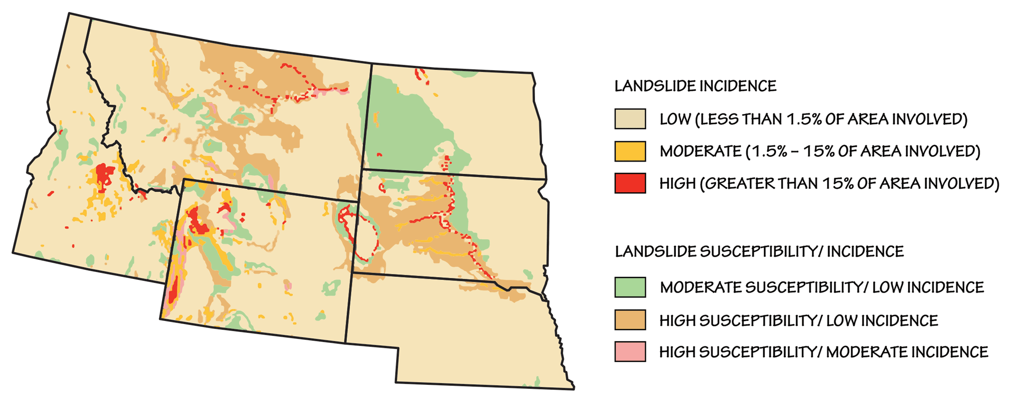 Map of the Northwest Central United States showing landslide incidence and associated risk levels.
