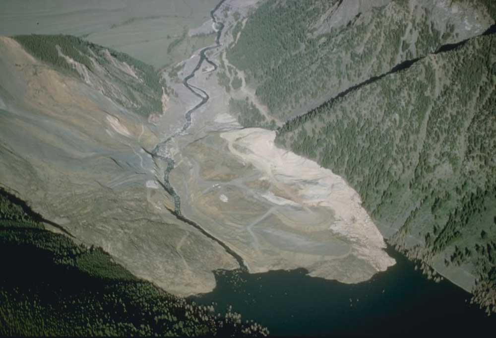 Photograph of the landslide dam that led to the formation of Quake Lake in Montana.