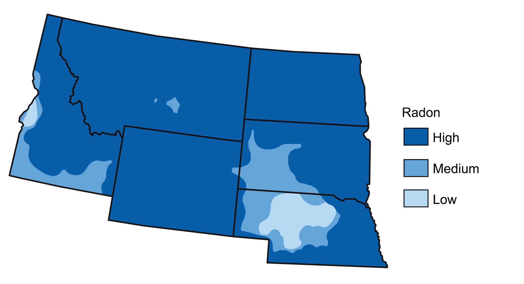 Map showing radon risk levels in the Northwest Central United States. Most areas have high radon levels.