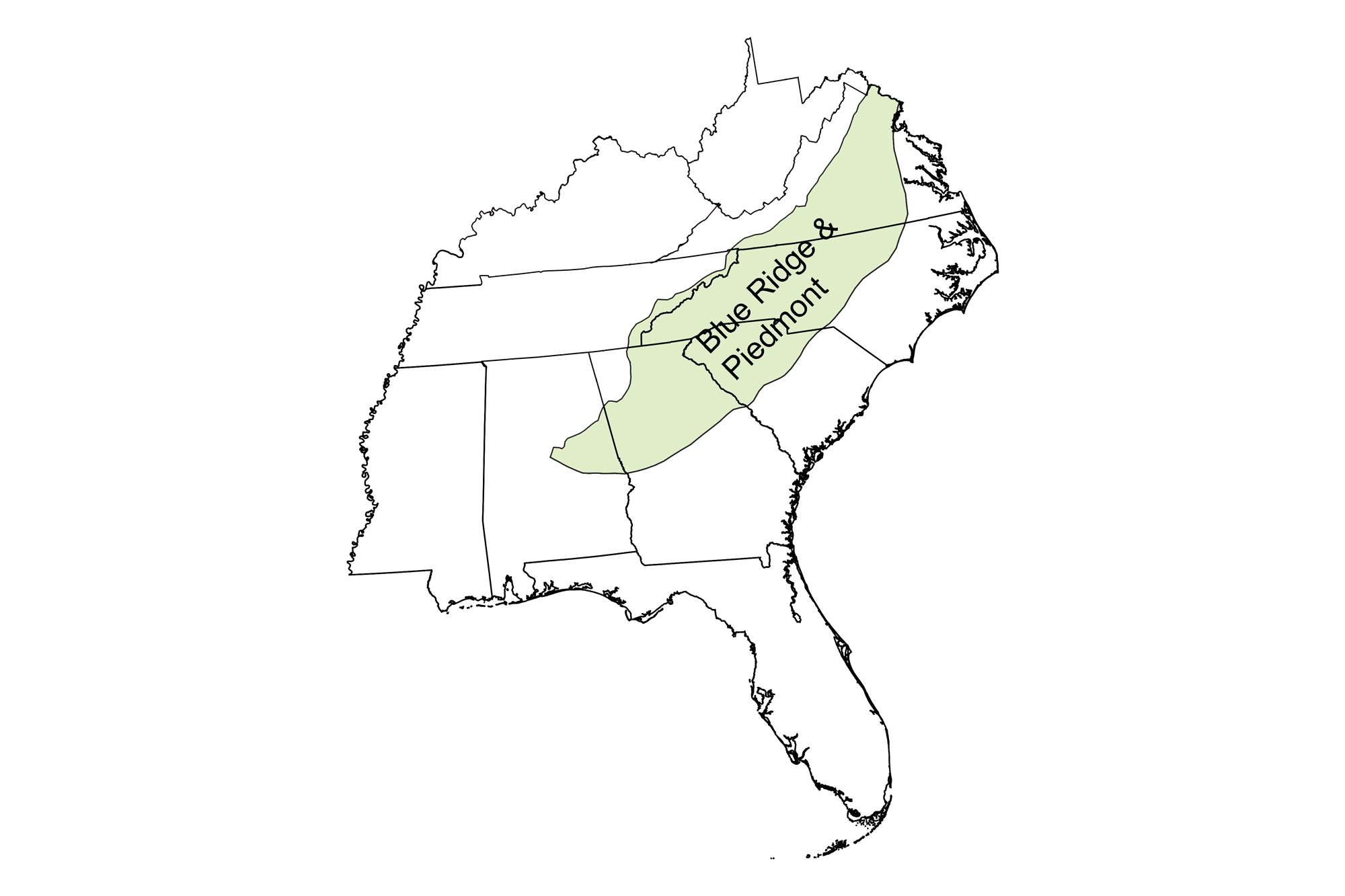 Simple map that shows the Blue Ridge and Piedmont regions of the southeastern United States.