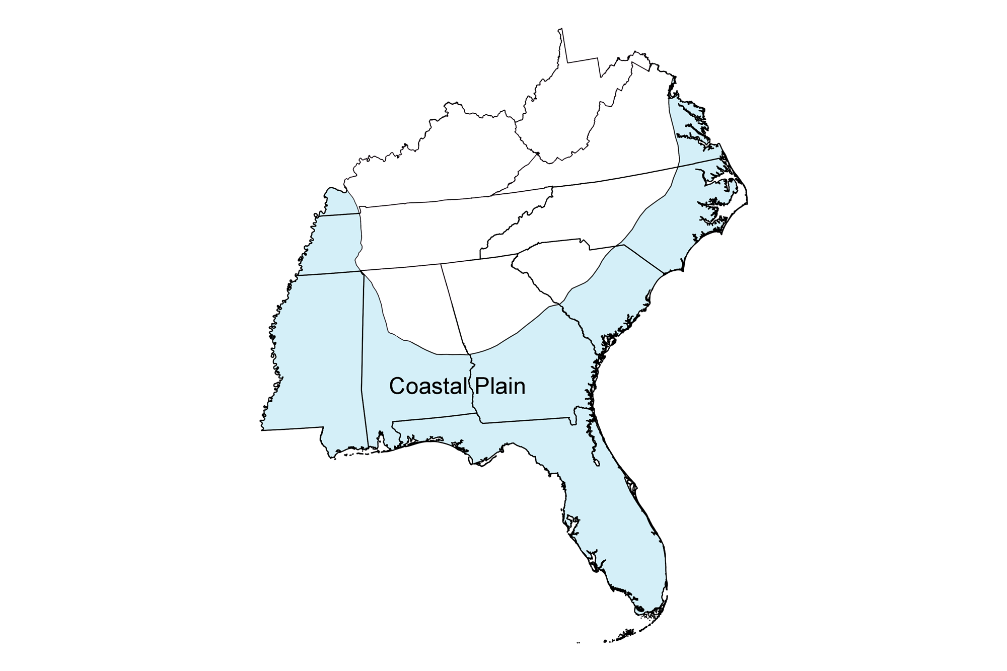 Simple map that shows the Coastal Plain region of the southeastern United States.