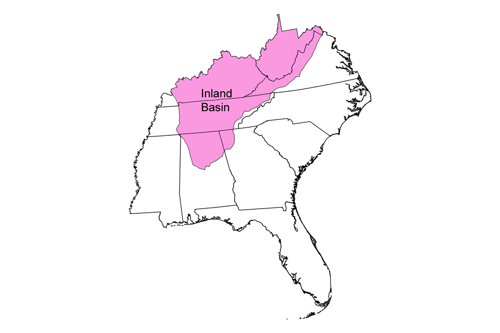 Simple map that shows the Inland Basin region of the southeastern United States.