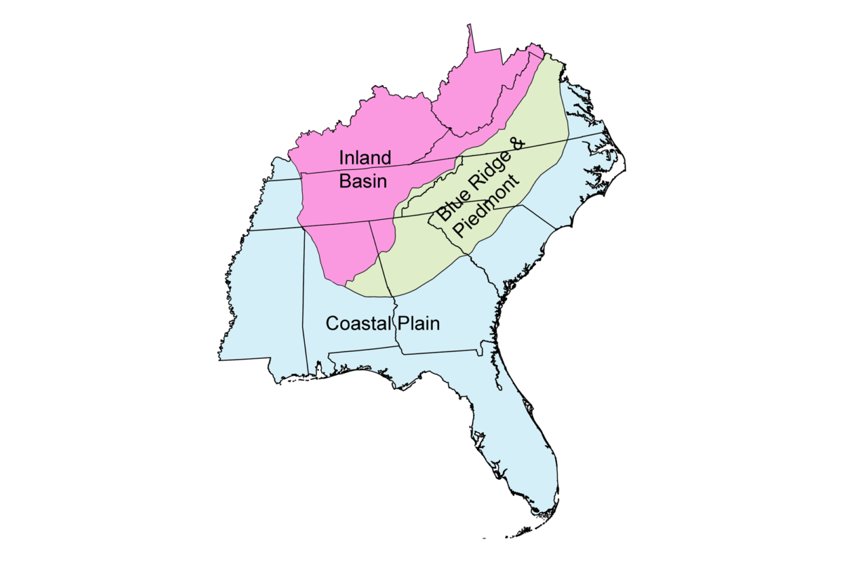 Simple map that shows the different physiographic regions of the southeastern United States.