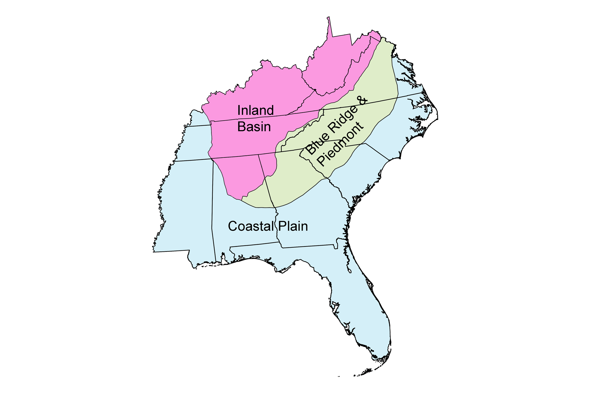 Simple map that shows the different physiographic regions of the southeastern United States.