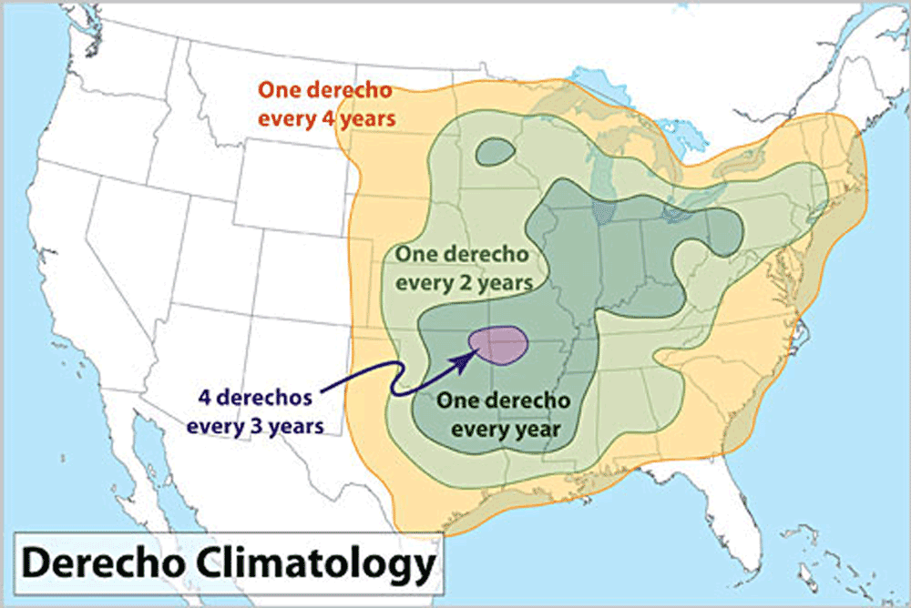 Map showing the frequencies of derecho storm events in the eastern United States.