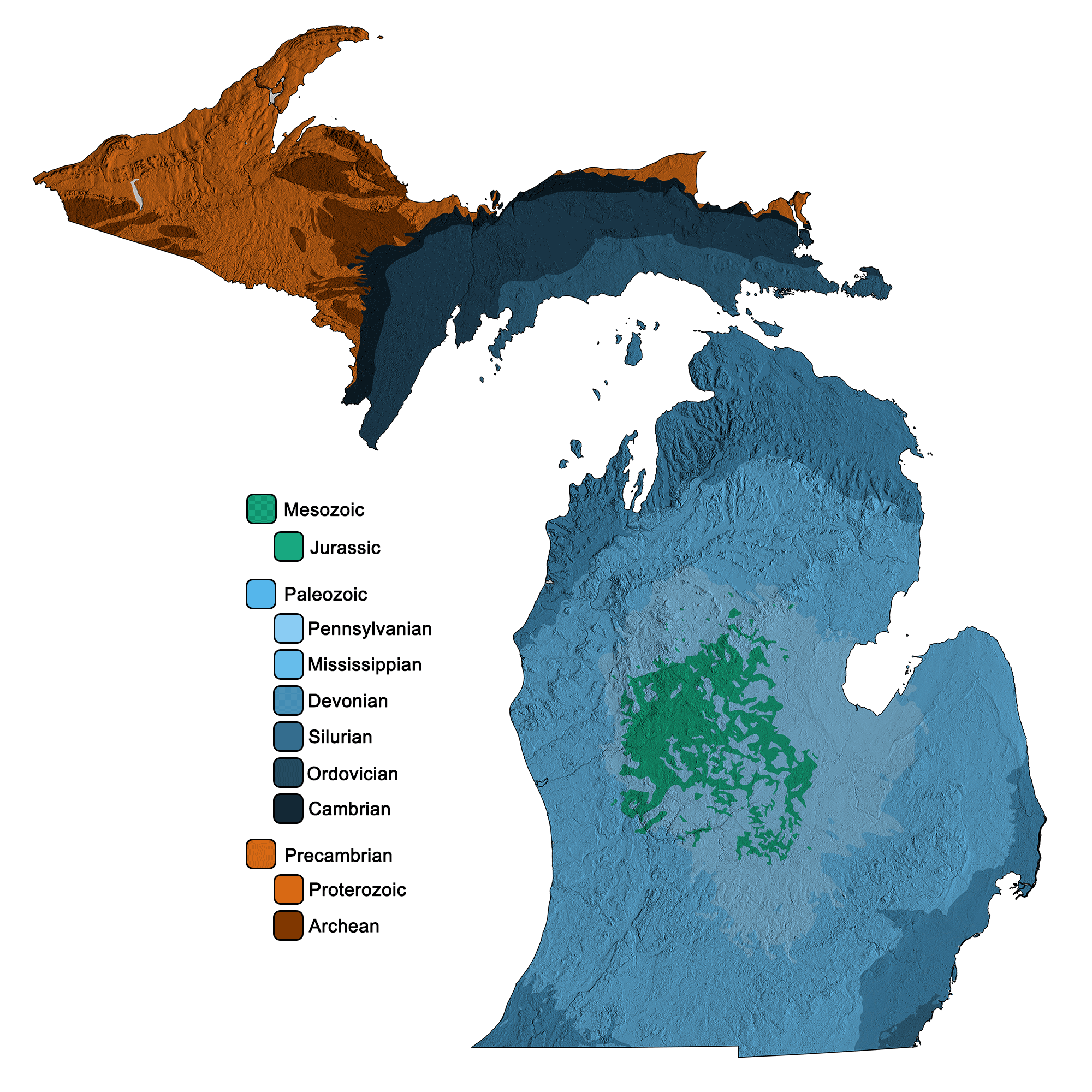 Combined geologic and topographic map of Michigan.