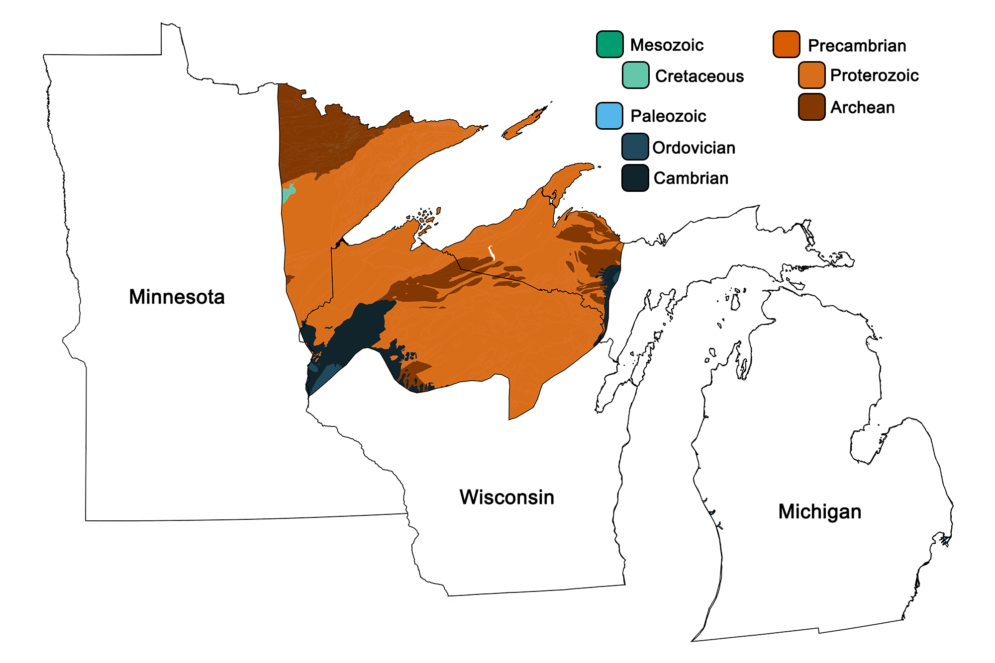Geologic map of the Superior Upland region of the midwestern United States.
