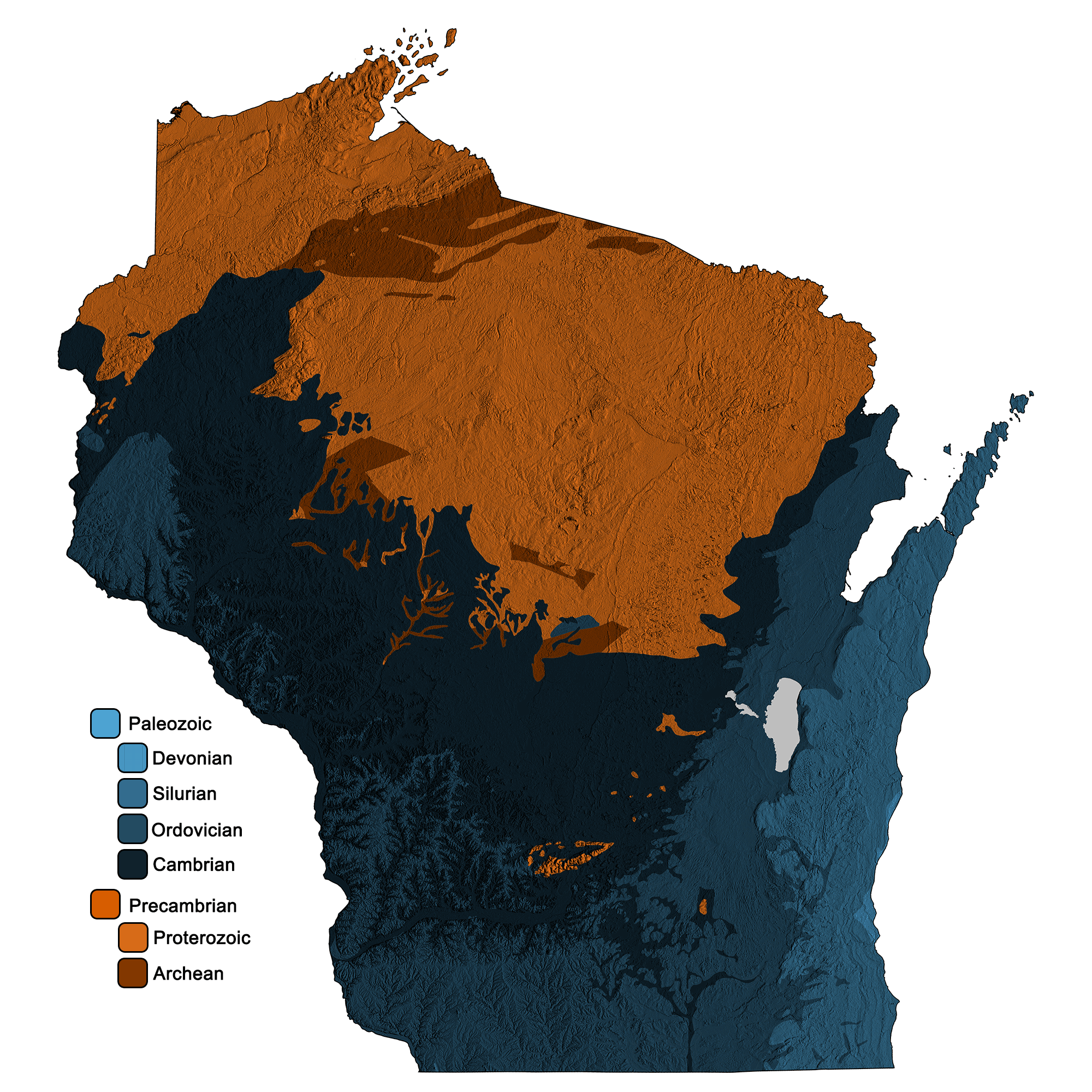 Combined geologic and topographic map of Wisconsin.