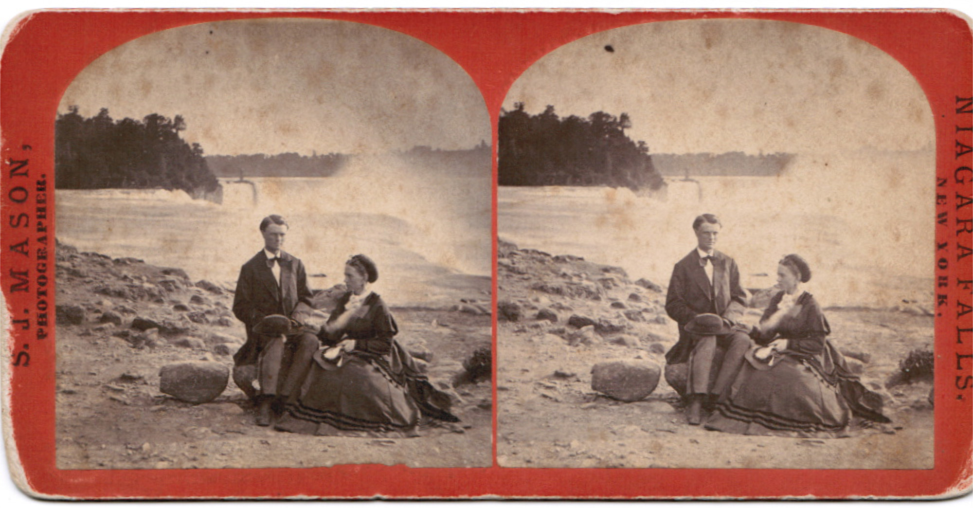 Photo from the 1800s of a newlywed couple on their honeymoon at Niagara Falls.