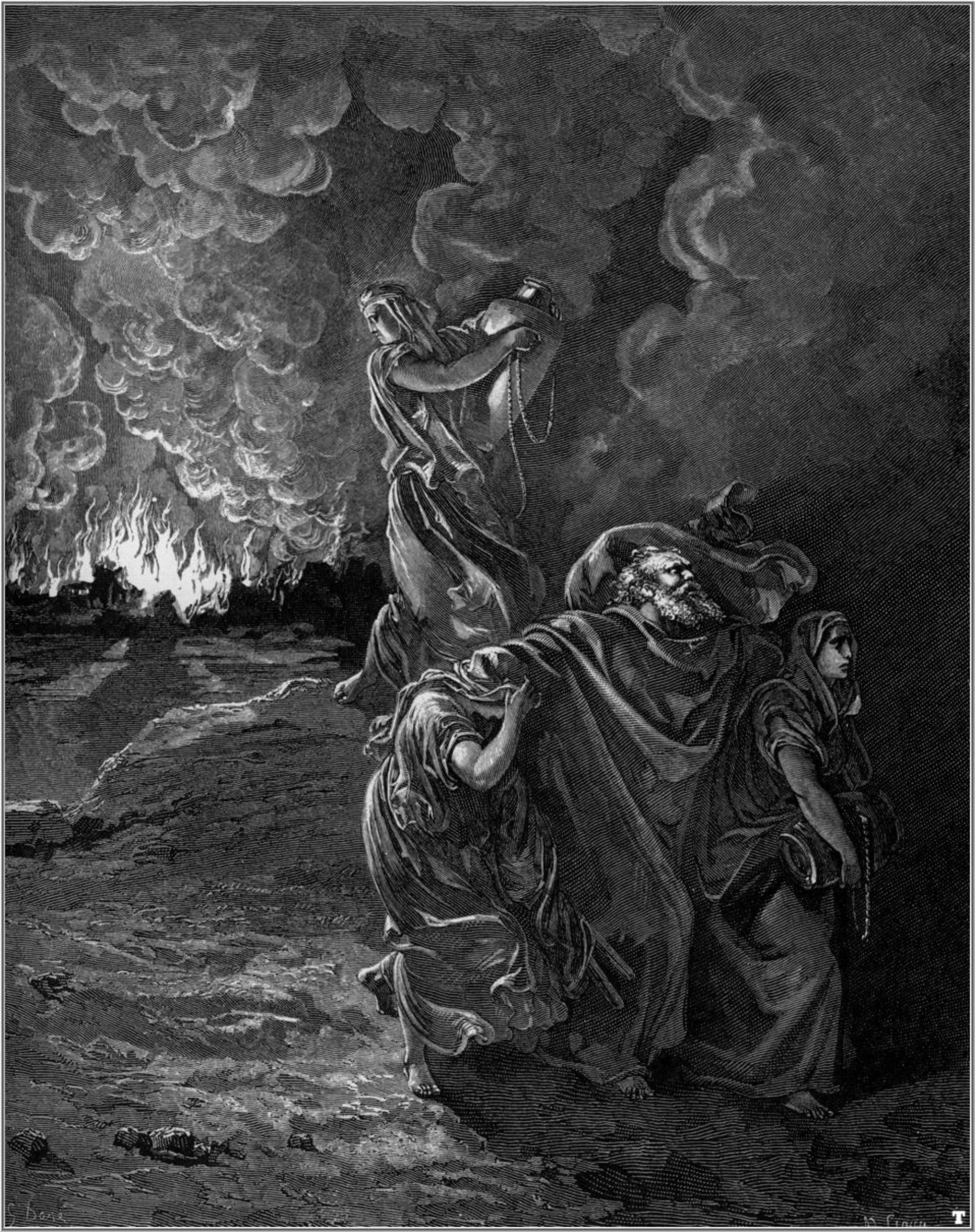 Old painting or drawing showing a group of people fleeing from a fire
