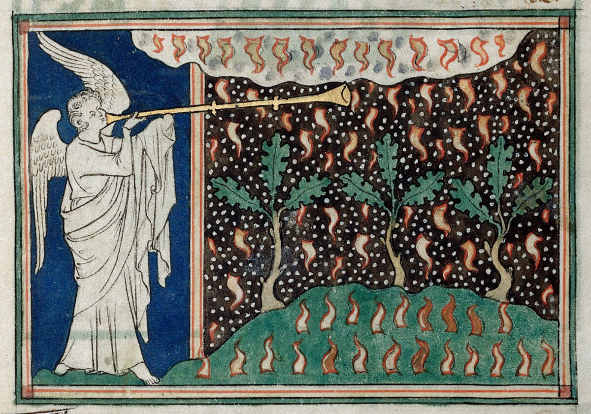 Image of 14th century depiction of an angel blowing a trumpet and of the Earth and plants on fire.