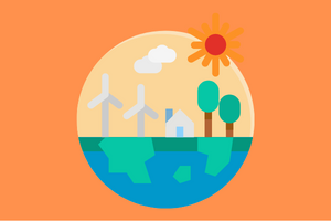 Cartoon-style image of the world with land and ocean, trees, clouds, the sun, and human-built structures such as wind turbines