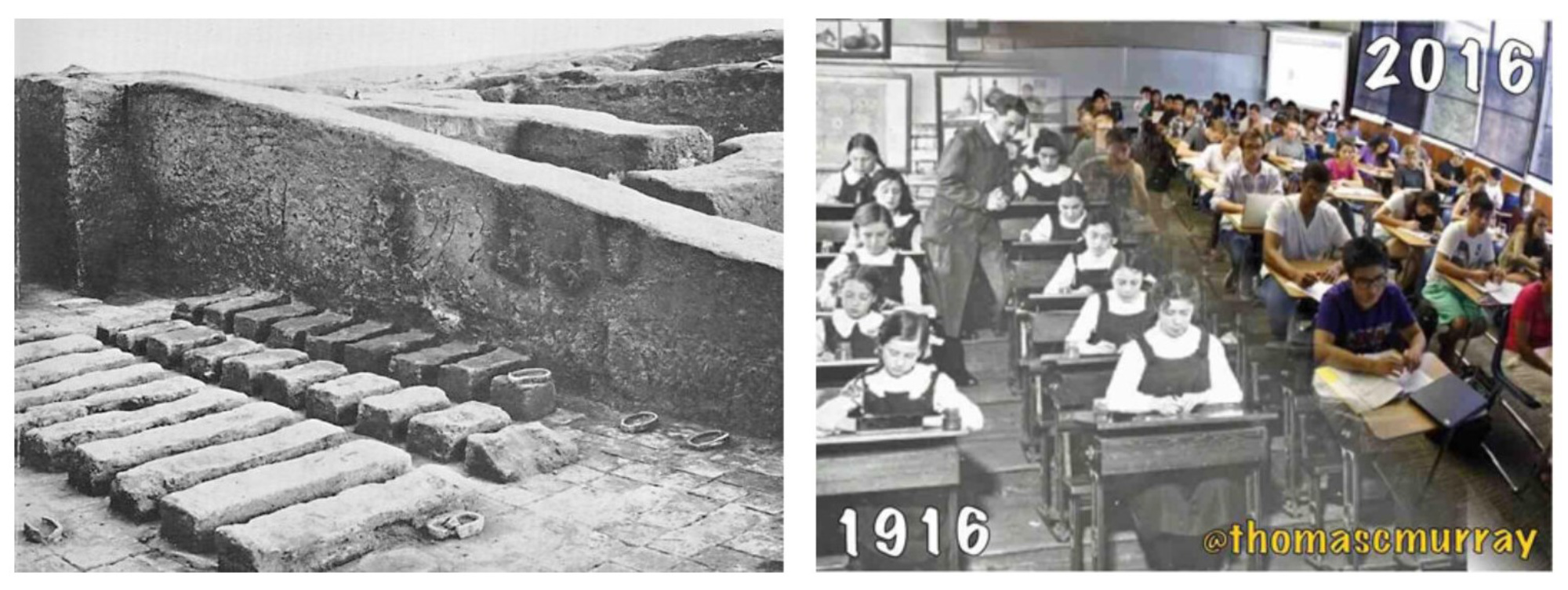 Images of ancient Sumerian classrooms from an archaelogical excavation, and classrooms from the early 20th and 21st century.
