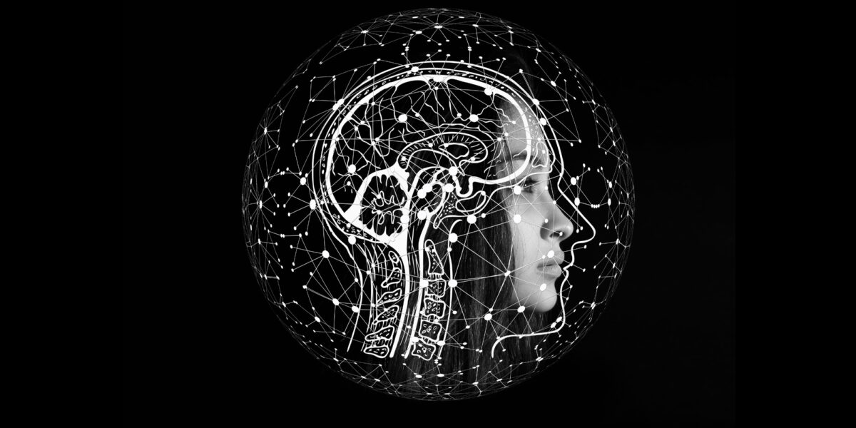 Photo of a woman's head in profile, with an artistic picture of a brain and a network overlaying the woman's image