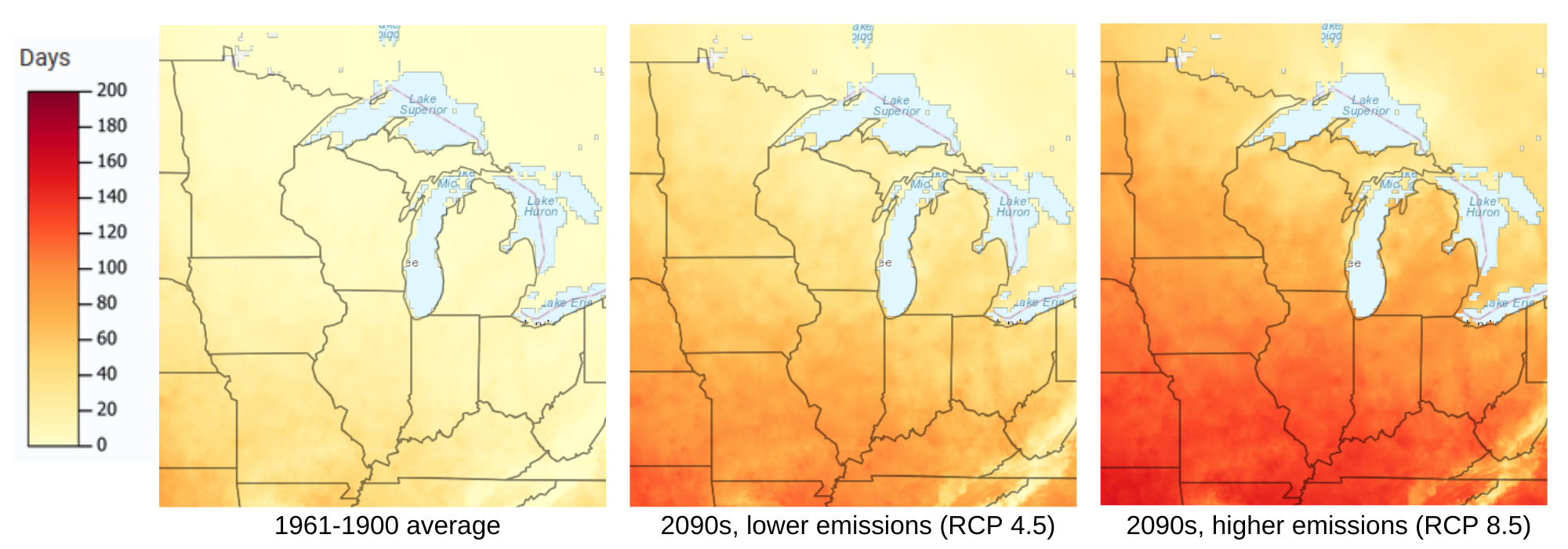 Three maps of  the Midwest, showing future projections of increased number of extremely hot days
