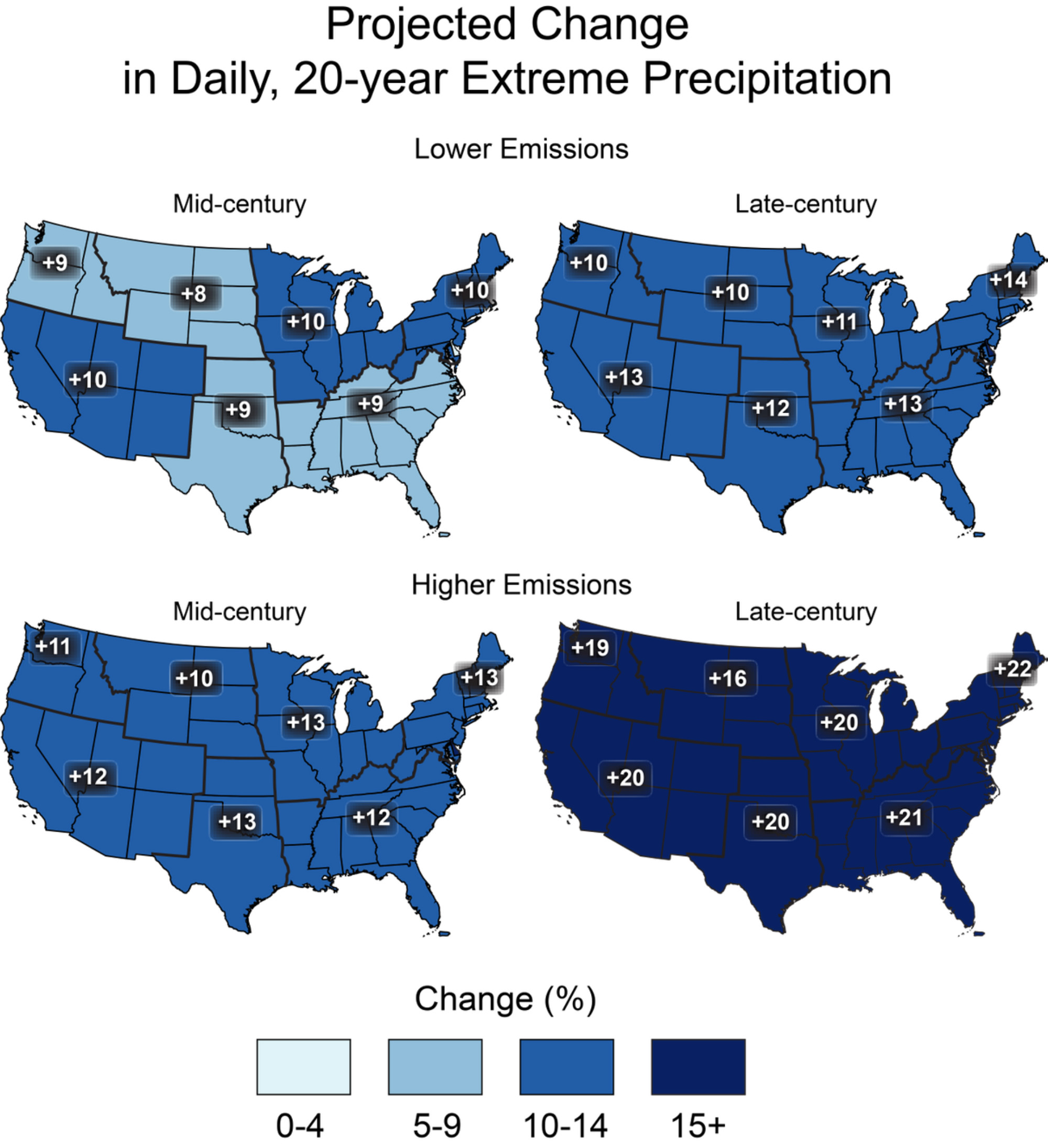 Four maps of the U.S., showing projected future increase in extreme precipitation