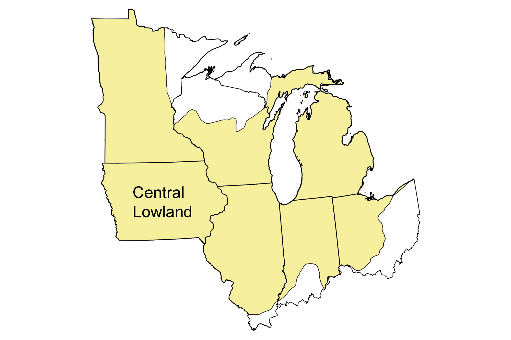 Simple map showing the Central Lowland region of the midwestern United States.