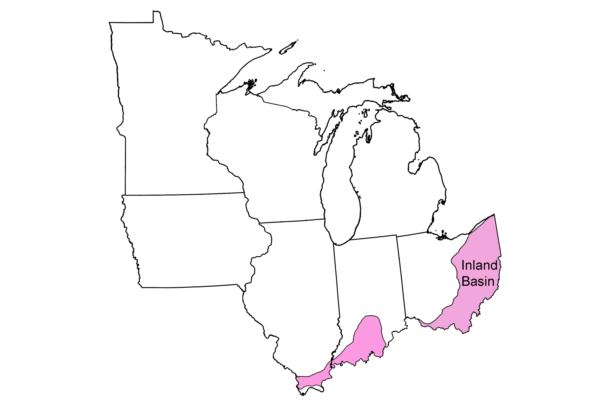 Simple map showing the Inland Basin region of the midwestern United States.