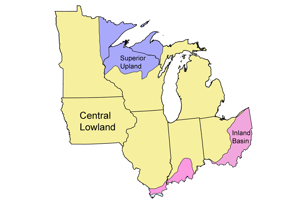 Map showing the major physiographic regions of the midwestern United States.