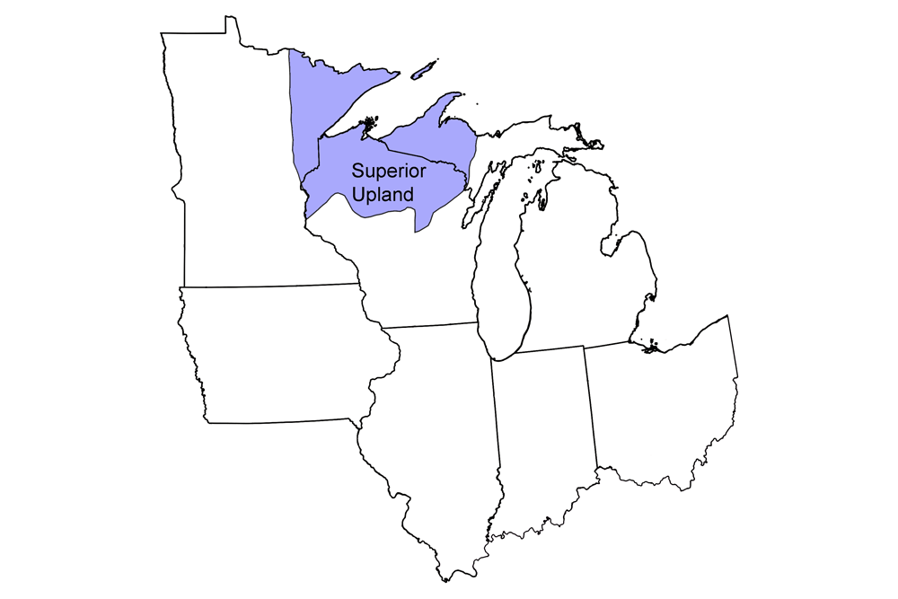 Simple map showing the Superior Upland region of the midwestern United States.