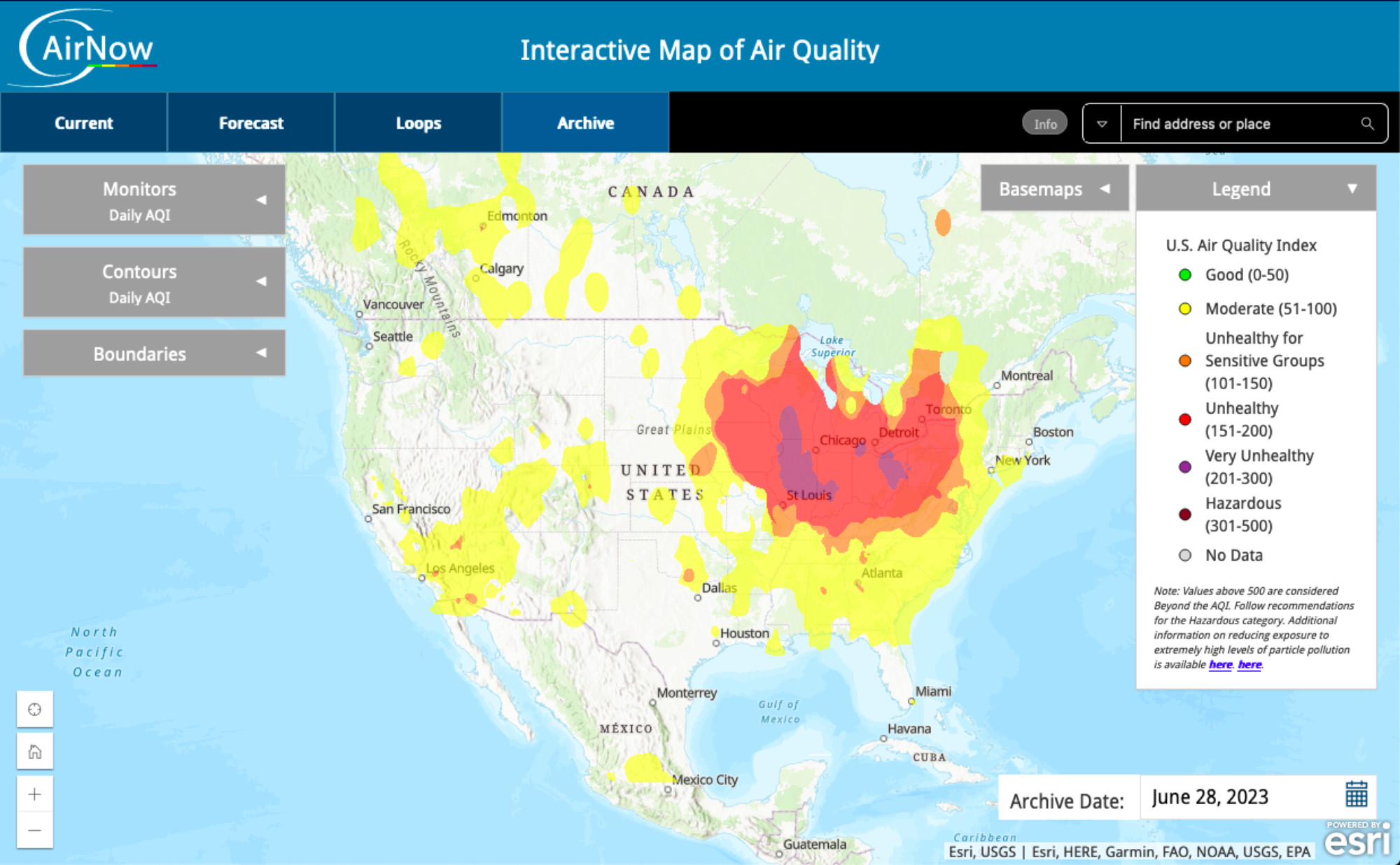 Map of the U.S. showing a large region of poor air quality