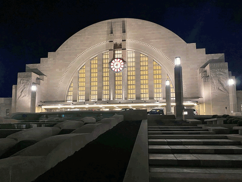 Photograph of the exterior of the Cincinnati Museum Center at night.