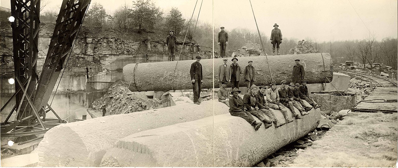 Historical photograph of workers quarrying Salem Limestone.