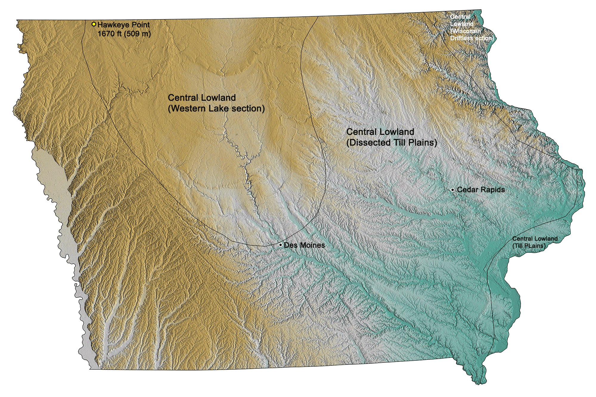 Topographic map of Iowa.
