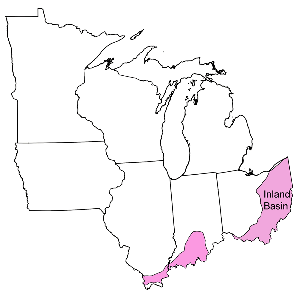 Simple map showing the Inland Basin region of the midwestern United States.