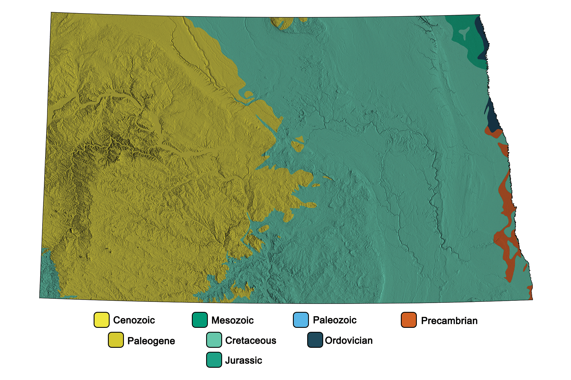 Combined geologic and topographic map of North Dakota.