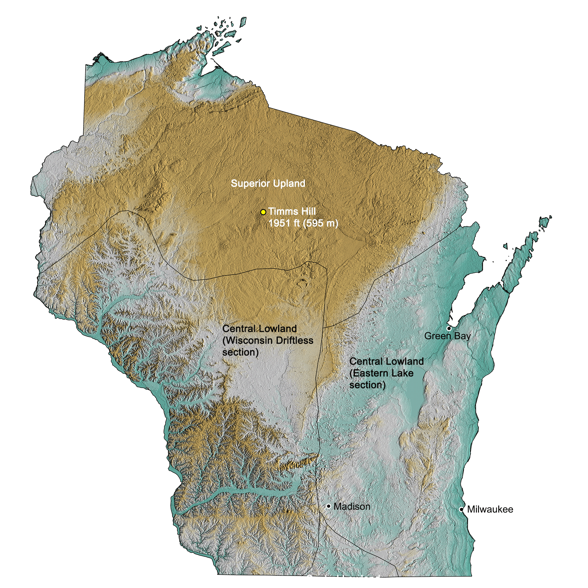 Topographic map of Wisconsin.