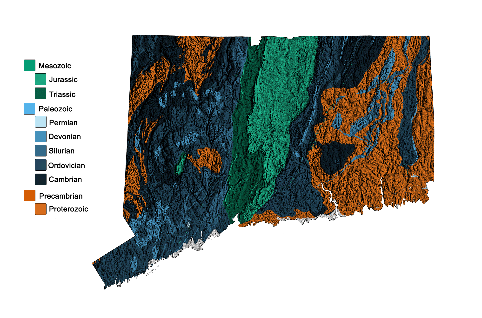 Combined geologic and topographic map of Connecticut.