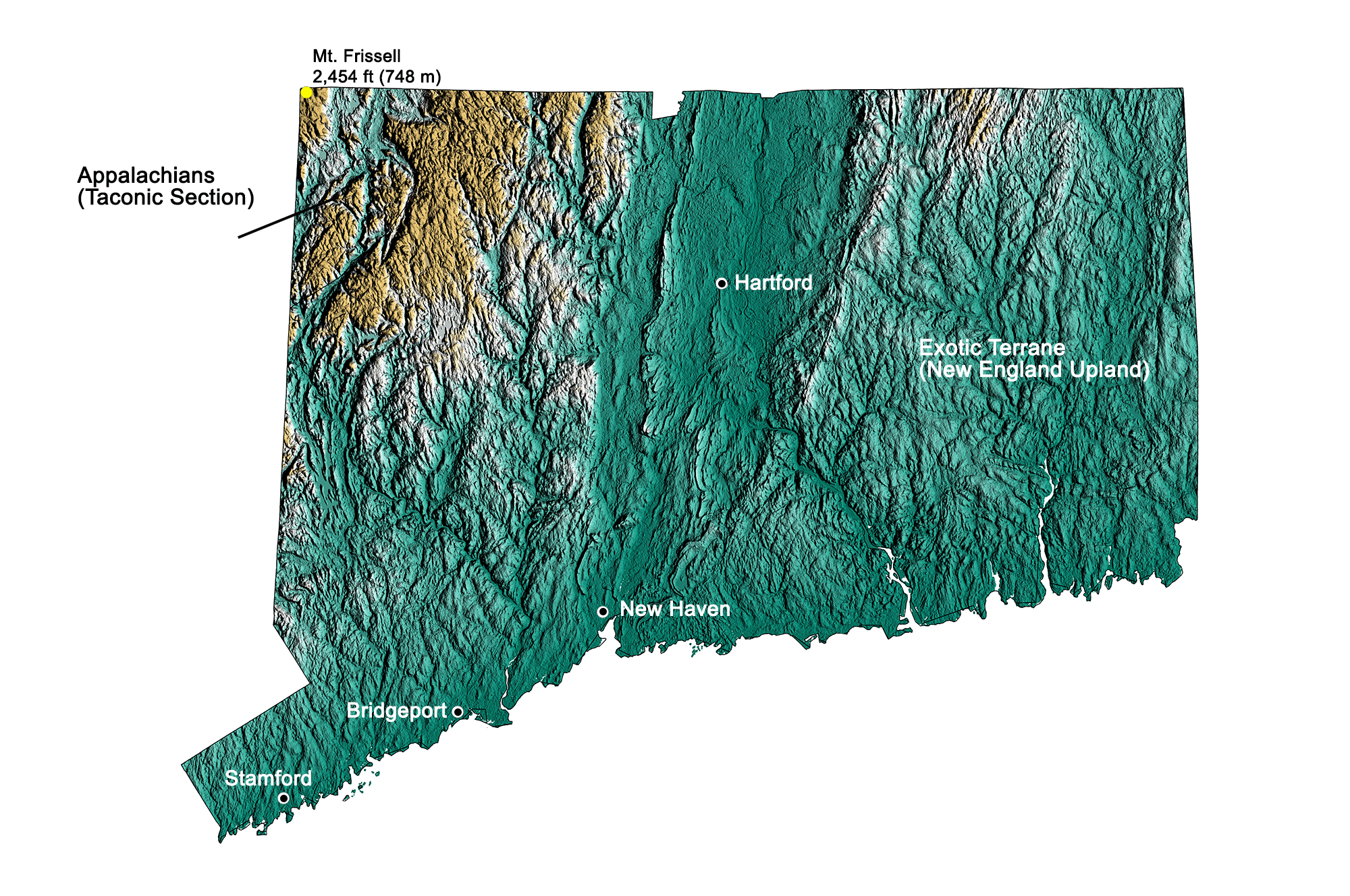 Topographic map of Connecticut.