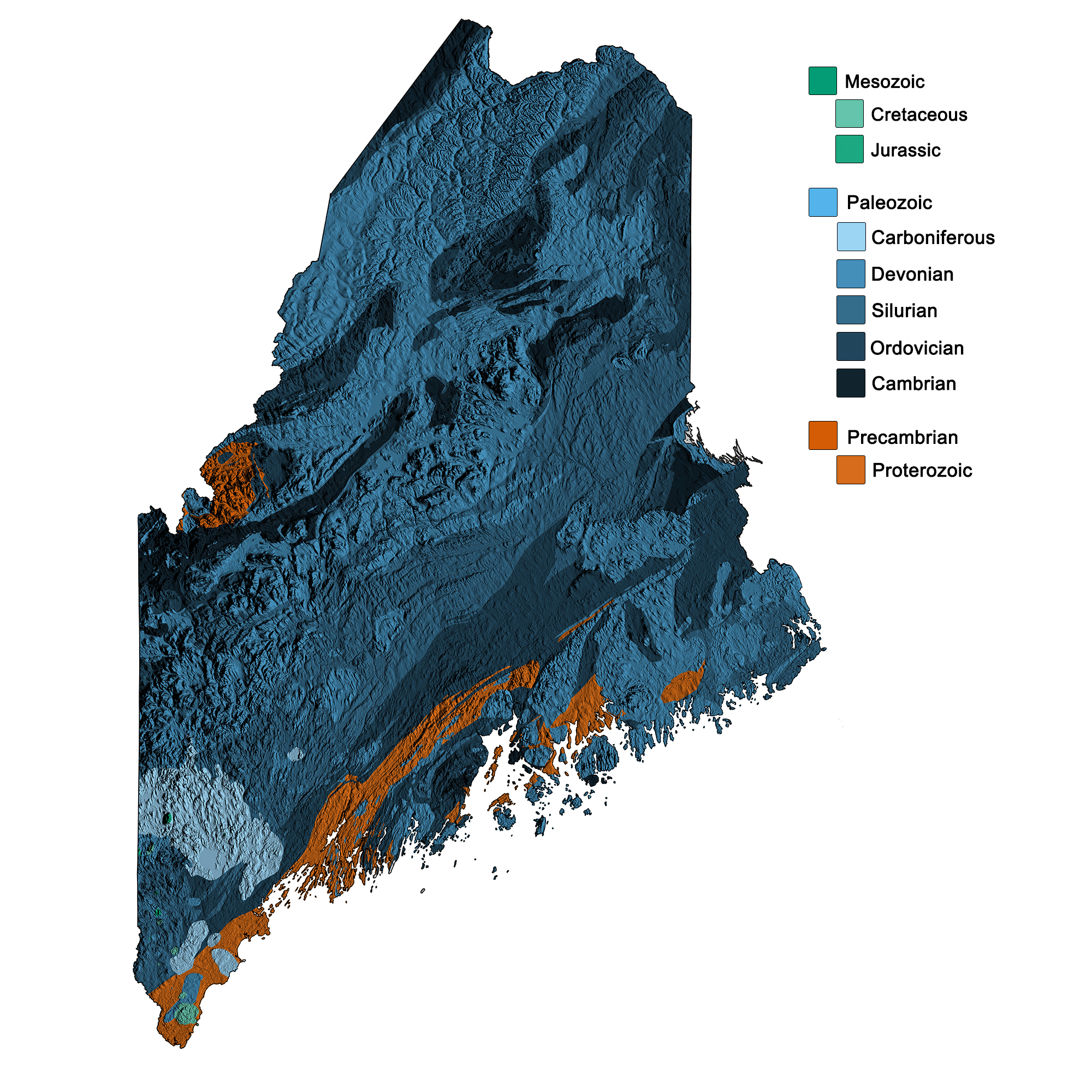 Combined geologic and topographic map of Maine.