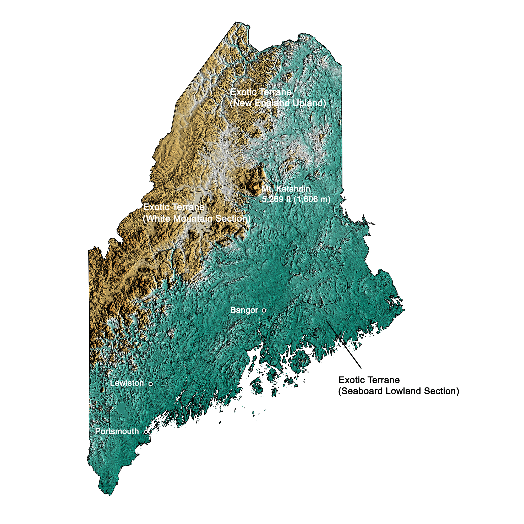 Topographic map of Maine.