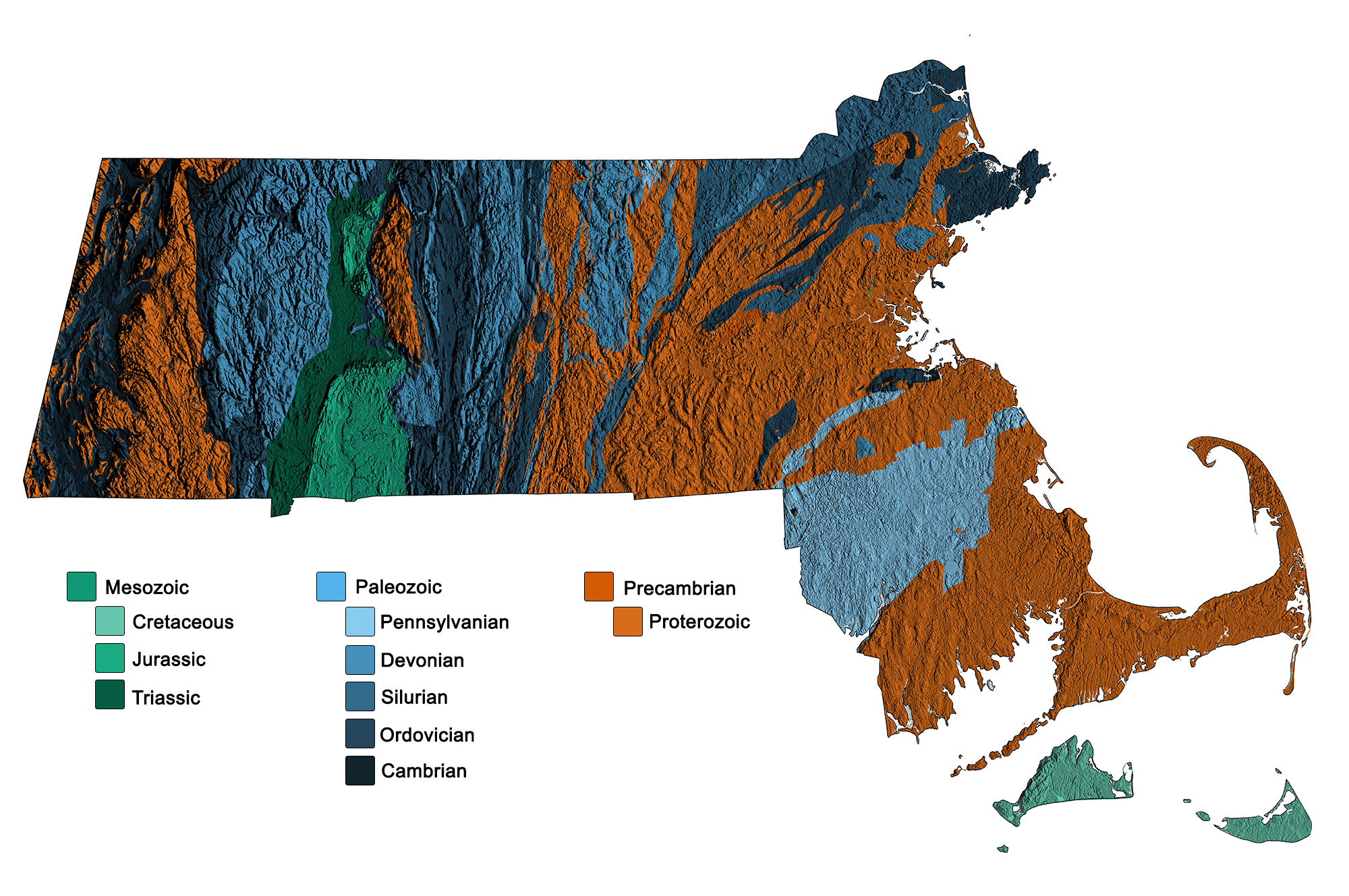 Combined geologic and topographic map of Massachusetts.