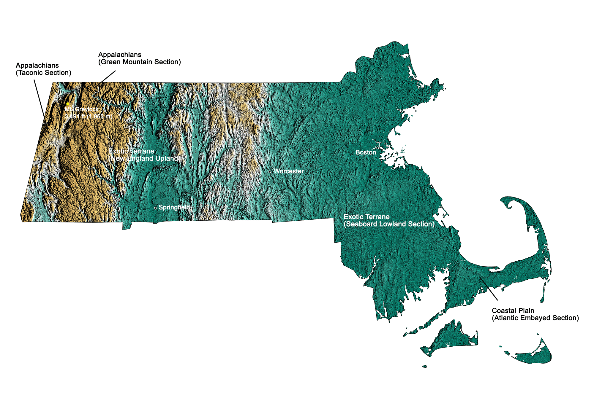 Topographic map of Massachusetts.