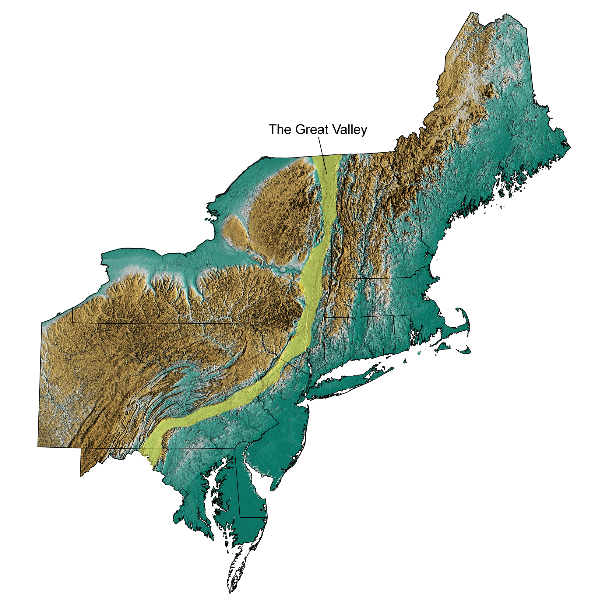 Topographic map of the northeastern United States showing the approximate position of The Great Valley.
