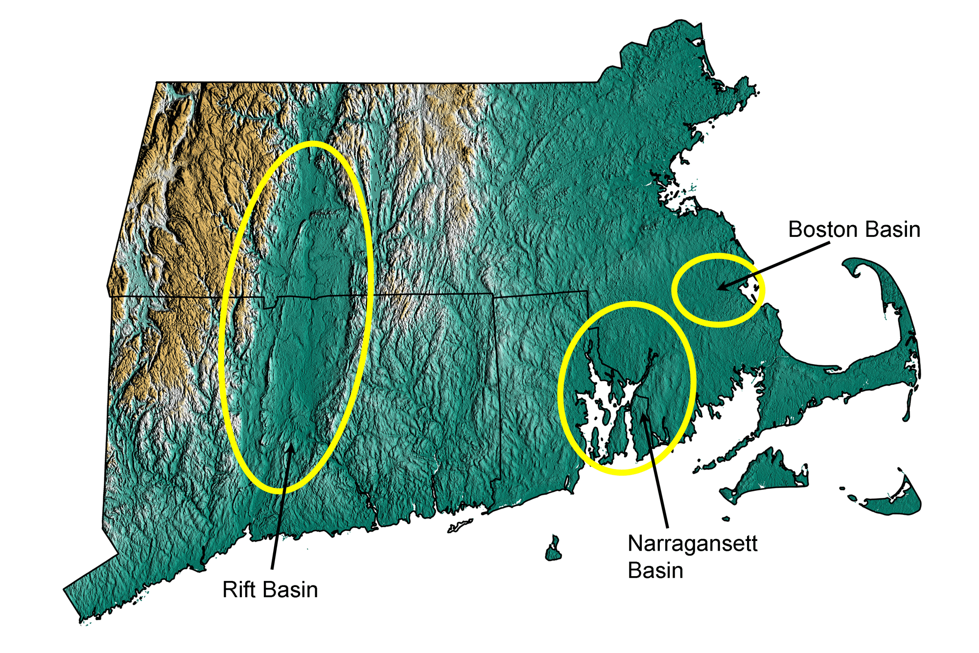 Topographic map showing the locations of the New England Basins within the Exotic Terrane region.