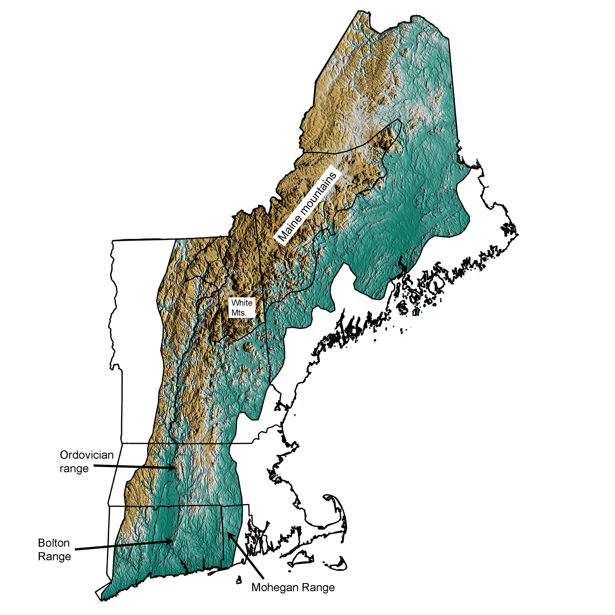 Topographic map of the New England Uplands region of the Exotic Terrane.