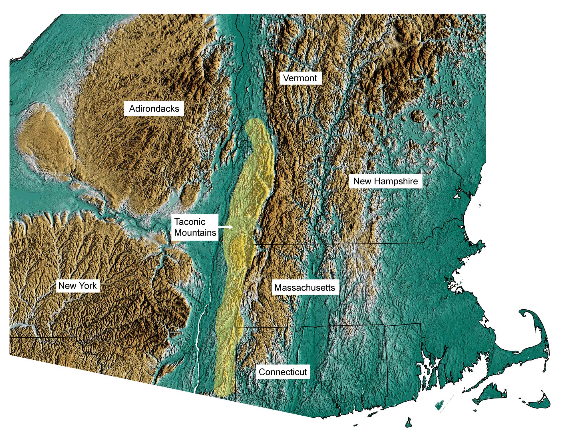 Topographic map showing the position of the Taconic Mountains.