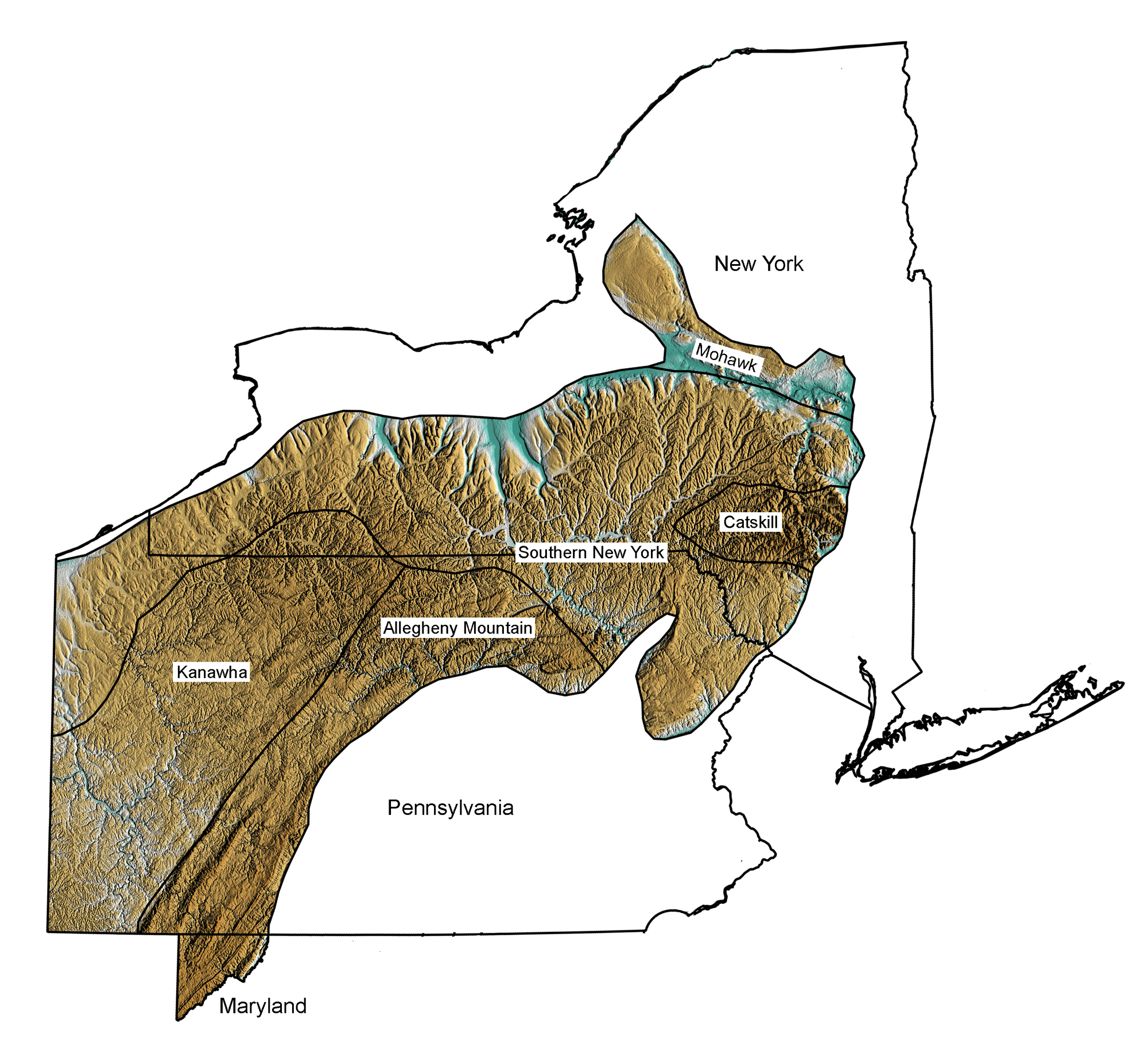 Topographic map showing the physiographic subdivisions of teh Allegheny Plateau.