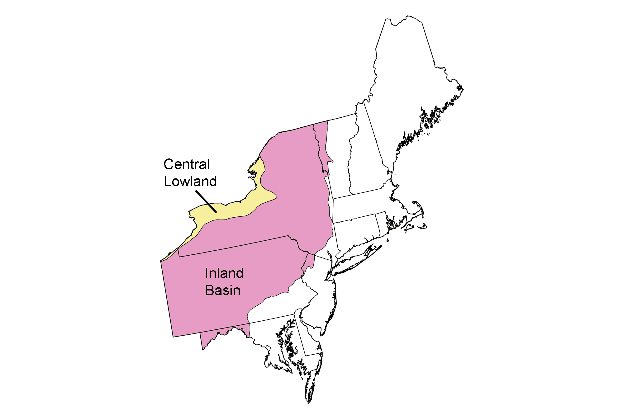 Simple map highlighting the Central Lowland and Inland Basin regions of the northeastern United States.