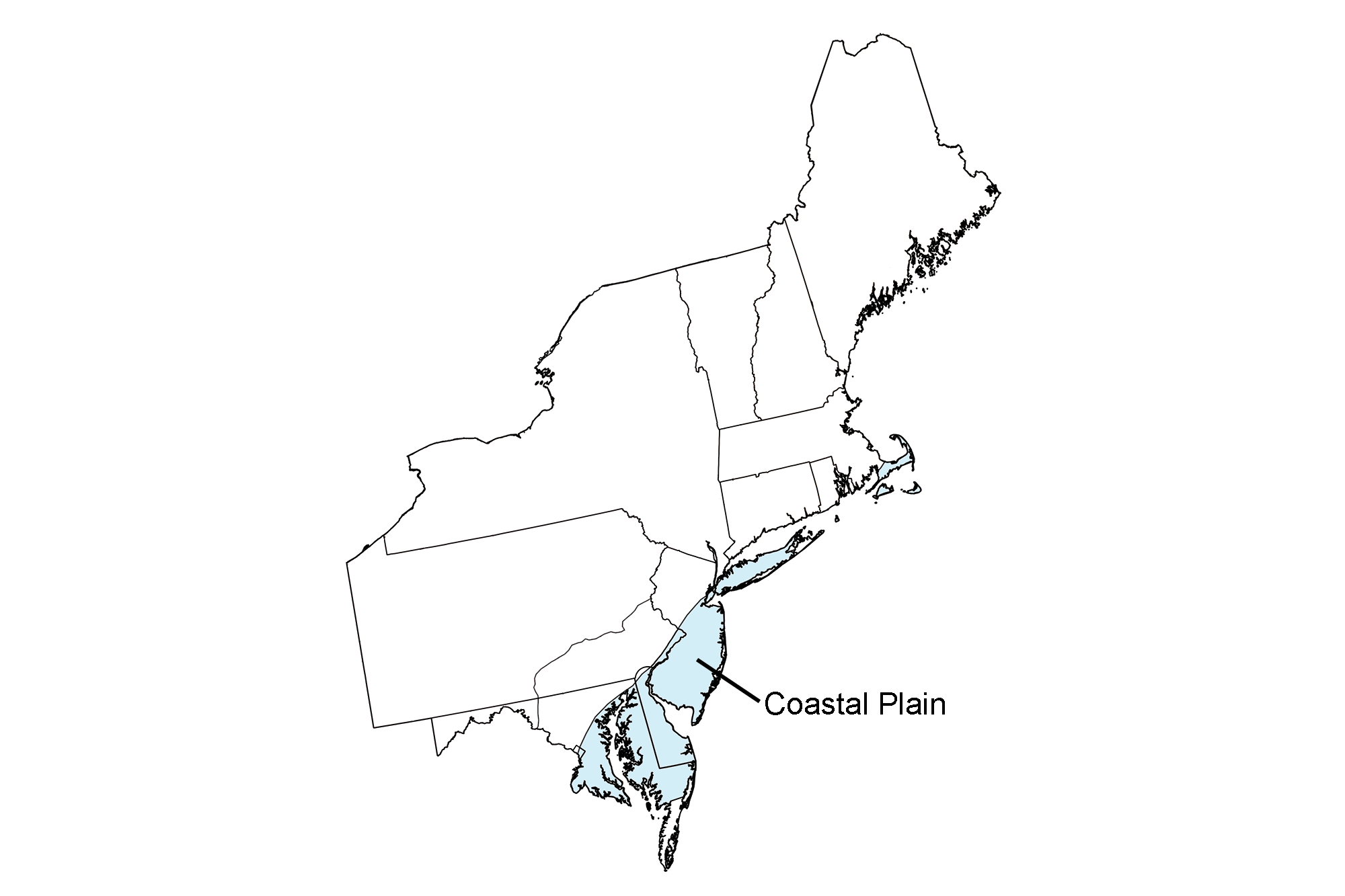 Simple map highlighting the Coastal Plain region of the northeastern United States.